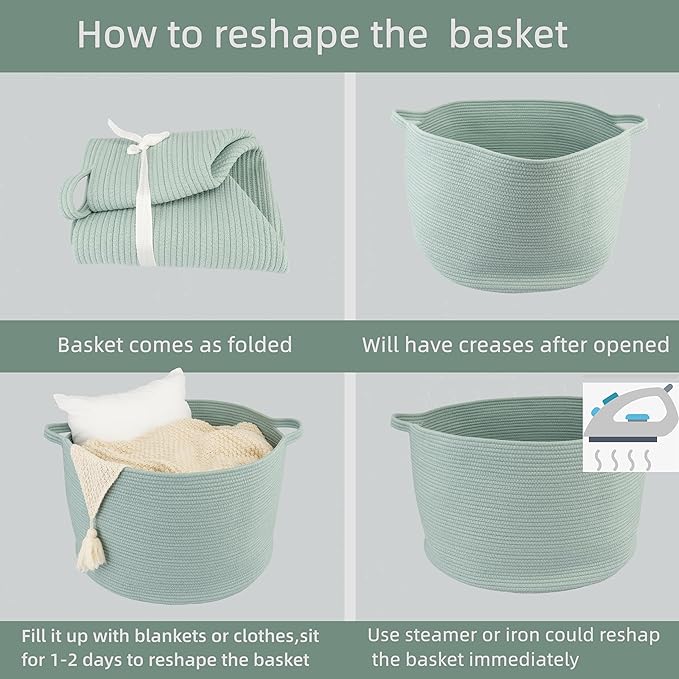 Large Cotton Rope Basket – 22"x14" Woven Storage Basket for Blankets, Toys, Laundry, and Nursery – Round Baskets for Living Room, Kids, and Pets Light Green