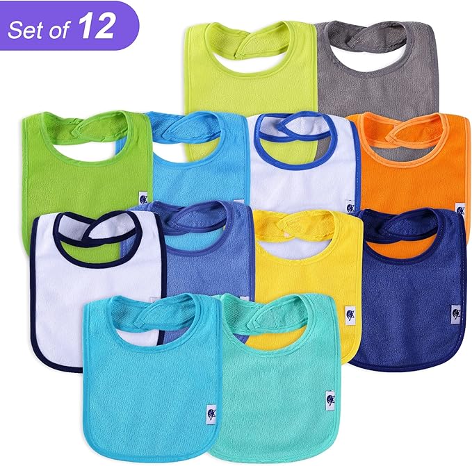 12 Pack Terry Drool Cotton Bibs, Unisex Baby Bibs with Fiber Filling Waterproof for Feeding, Teething, Drooling