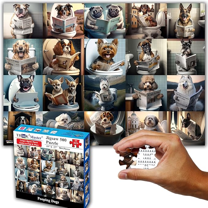 Think2Master Pooping Dogs & Puppies 500 Pieces Jigsaw Puzzle. Pooping Puppies, Funny Bathroom Decoration, Gag Gift. Fun Toy Teens, Adults, Seniors & Families. Great for Kids 13+ Size: 26.8” x 18.9”