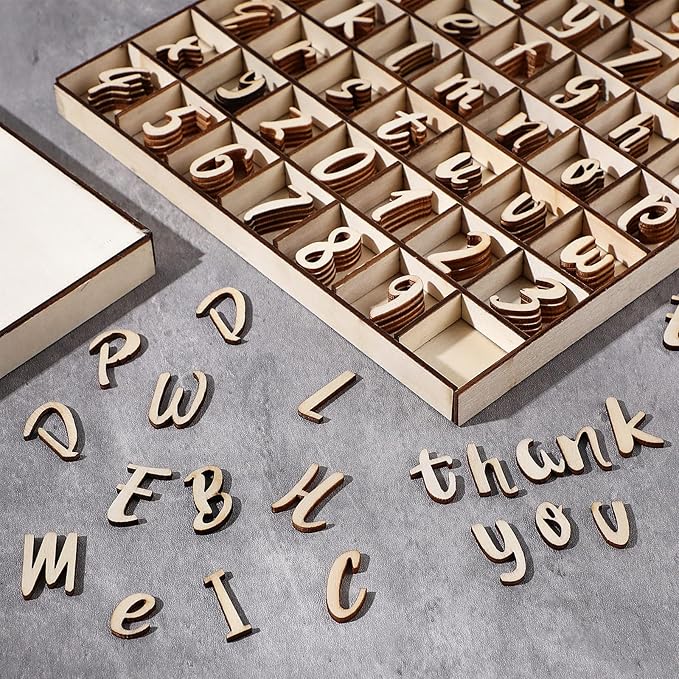 Geelin 248 Pcs 1 Inch Wood Alphabet Letters Numbers with Storage Box Blank Unfinished Wooden Letters Numbers with Rustic Storage Tray for Spelling Learning Education DIY Crafts