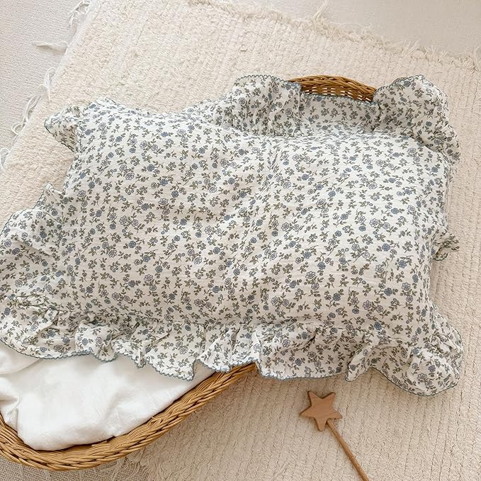 BuLuTu 2 Layers Muslin Cotton Toddler Pillowcase, 1 pc, 14"x20", Shabby Chic Blue Floral Print Pillow Cases for Kids Girls Boys Pillow Covers Soft Breathable, Envelope Closure