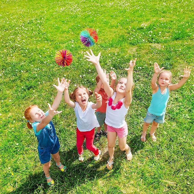 Leinuosen 12 Pieces Monkey Stringy Balls Sensory Stringy Ball Soft Rainbow Pom Bouncy Stress Bags Stuffers Party Favors Birthday Gifts, Multicolor (2.75 Inch)