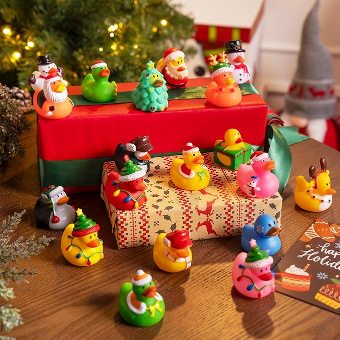 JOYIN 24 Pcs Christmas Ducks Bath Toys, Assorted Cute Rubber Duckies Bulk for Christmas Party Favors, Mini Ducky Baby Bathtub Shower Pool Toys for Kids, Xmas Table Dcorations Stocking Stuffers Gifts