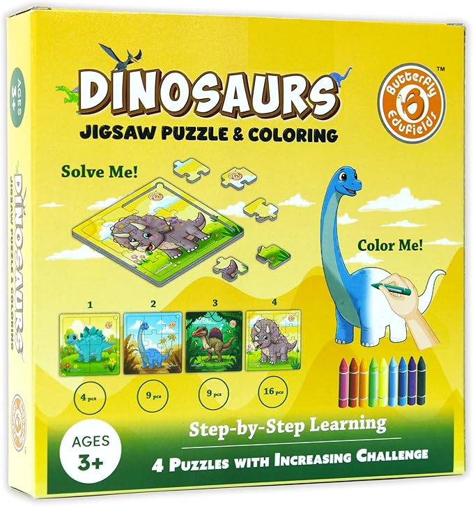 Butterfly EduFields 4-in-1 Dinosaur Jigsaw Puzzle Set for Kids | 38 Pcs Brain Boosting Puzzle Toy for Boys & Girls Age 3 4 5 6 7 | Preschool Learning with Coloring Sheets | Dino Gift for Kids