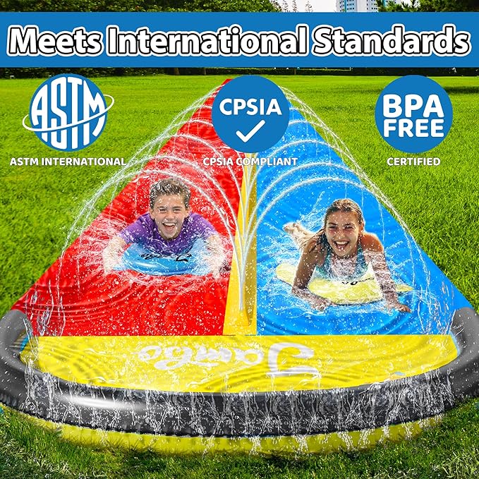 JAMBO 22.5ft Double Lane Slip Splash and Slide with 2 Bodyboards with Built in Sprinkler for Backyard Outdoor Water Fun for Kids