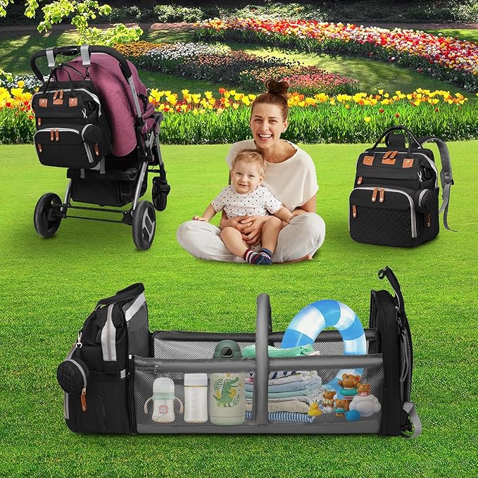 Baby Diaper Bag Backpack Diaper Bag Multifunctional Waterproof Diaper Bag with Changing Station Travel Diaper Backpack with Changing Pad, Pacifier Case & Stroller Straps(Black)