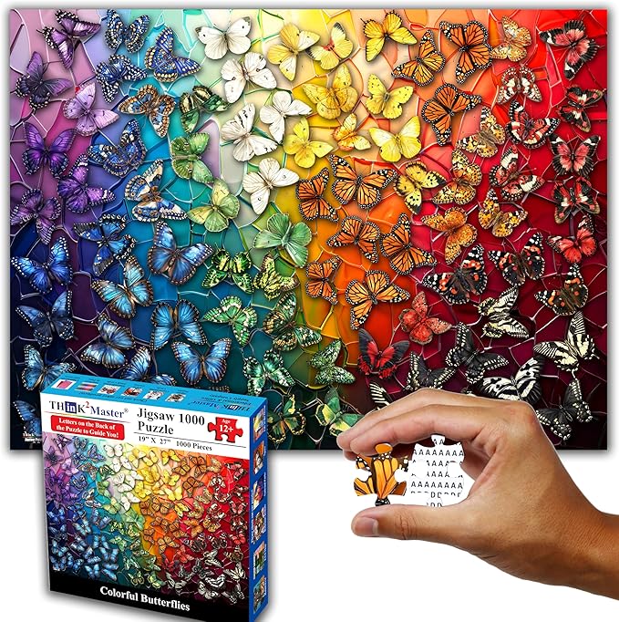 Think2Master Colorful Rainbow of Butterflies & Stained Glass 1000 Pieces Large Format Jigsaw Puzzle for Kids 12+, Teens, Adults & Families. Beautiful Vibrant Illustration Artwork Size: 26.8” X 18.9”