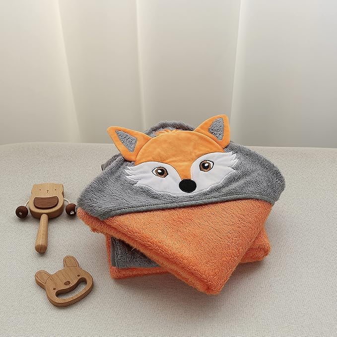 Munich Blue Toddler Bath Towel & Baby Bath Towels - Extra-Large, Plush, and Absorbent Toddler Towels - Cute Fox Face Design Vibrant Orange - Hooded Baby Towels, Soft Bamboo Viscose, Newborn Essential