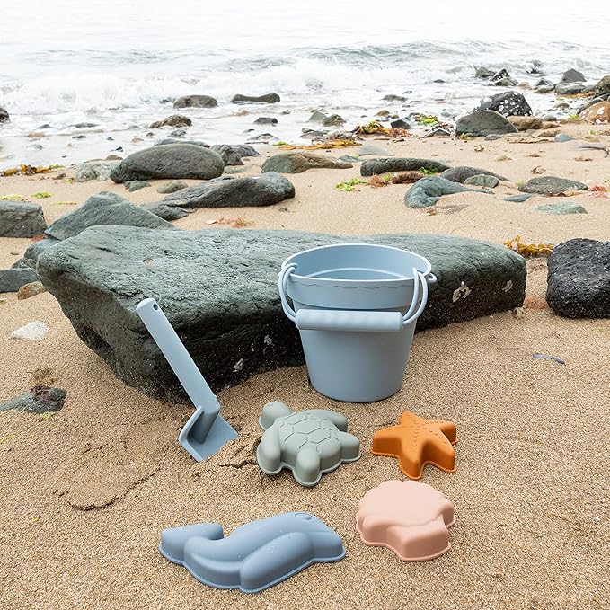 BLUE GINKGO Modern Baby Sand Toys | Travel Friendly | Silicone Bucket, Shovel, 4 Molds, Beach Bag for Toddlers, Kids - Blue