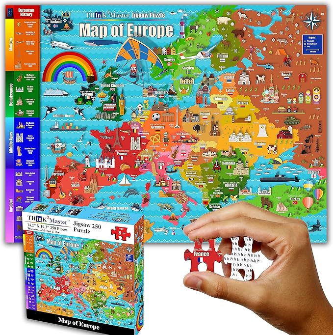 Think2Master Colorful Map of Europe 250 Pieces Jigsaw Puzzle Fun Educational Toy for Kids, School & Families. Great Gift for Boys & Girls Ages 8+ for Learning European History. Size: 14.2” X 19.3”