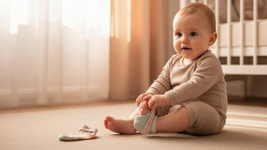 Baby removing sock during early winter, showing infant sensory development and natural baby routine.