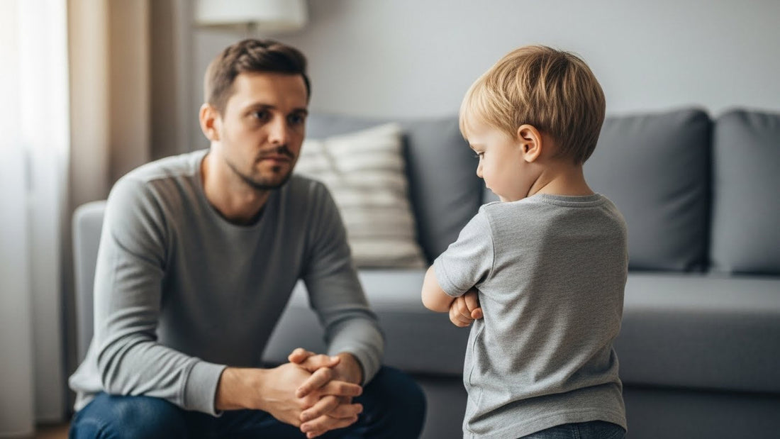 “Parent and toddler in a calm clinic setting, reflecting on gentle, predictable discipline strategies.”