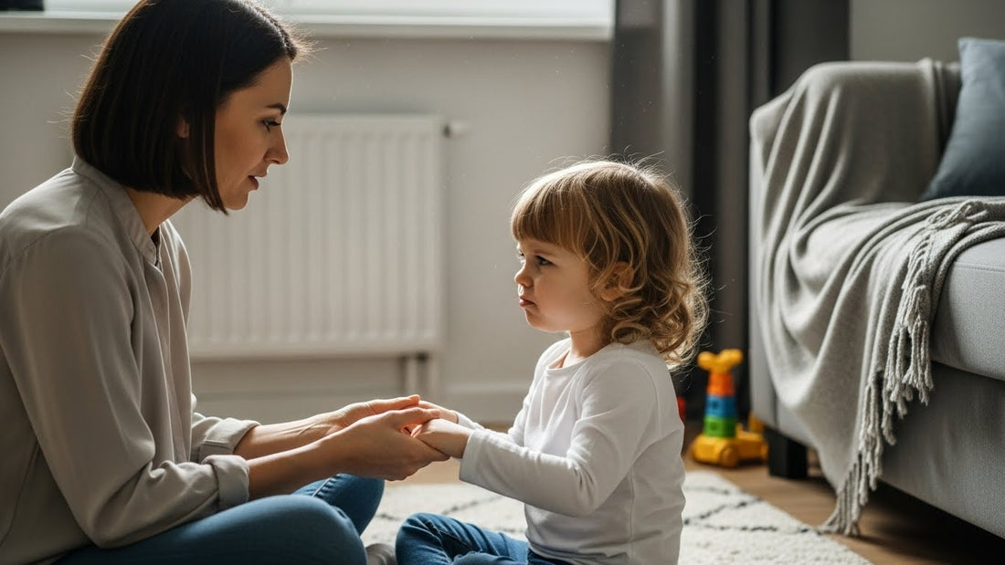 Parent calmly guiding a young child during an age-appropriate discipline moment in a home setting.