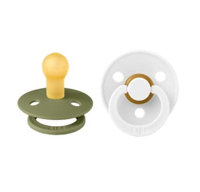BIBS Pacifiers Colour Collection | Natural Rubber Baby Pacifier | Set of 2 BPA-Free Soothers | Made in Denmark | 6+ Months (Pack of 2) | Olive/White