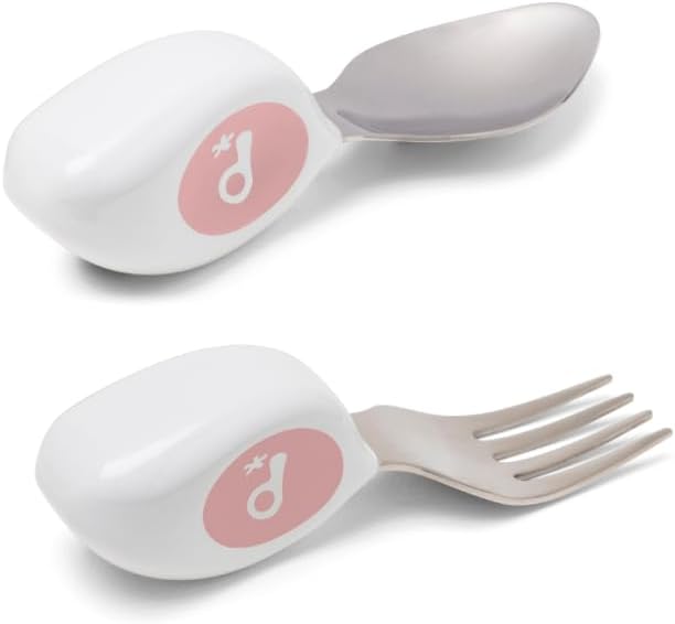 doddl Toddler Utensils, Ergonomic Fork and Spoon Set for Self Feeding, Stainless Steel Silverware for 1-3 Year Olds, BPA Free, Dishwasher Safe (Dusky Rose)