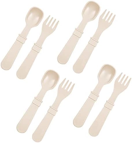 Re-Play Toddler Forks and Spoons Set - 4x4 Utensils Set for Kids - Dishwasher and Microwave Safe - Made in USA - Pack of 8 - Sand Beige