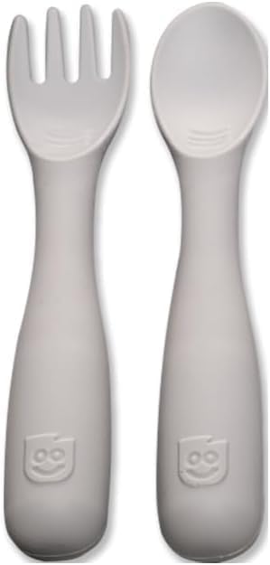 Talktools Bitsy Feeding Kid's Essentials Plate Set – Toddler Utensils, Spoon and Fork, Plate Lid, Perfect for Mealtime – Strong Suction Toddler Plates with 4 Compartments (Spoon/Fork-Cloud)