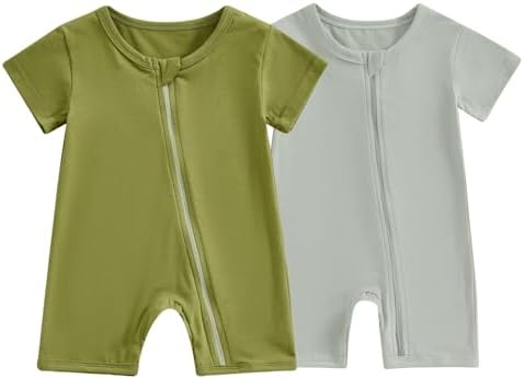 Merqwadd Baby Boy Girl 2 Pack Romper Short Sleeve Zipper Jumpsuit Plain Summer Clothes