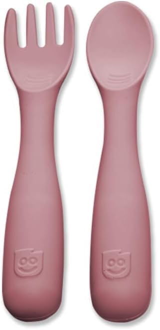 Talktools Bitsy Feeding Kid's Essentials Plate Set – Toddler Utensils, Spoon and Fork, Plate Lid, Perfect for Mealtime – Strong Suction Toddler Plates with 4 Compartments (Spoon/Fork-Bubblegum)