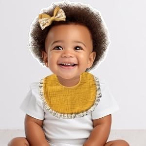 Baby Girl Gift Set, Muslin BoHo Bib with Lace and Matching Bows, Absorbent Cotton Adjustable Bib for Newborn Infant Toddler