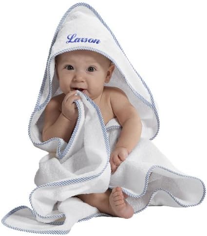 Custom Personalized Embroidered Cotton White w/Blue Bath Baby Hooded Towel
