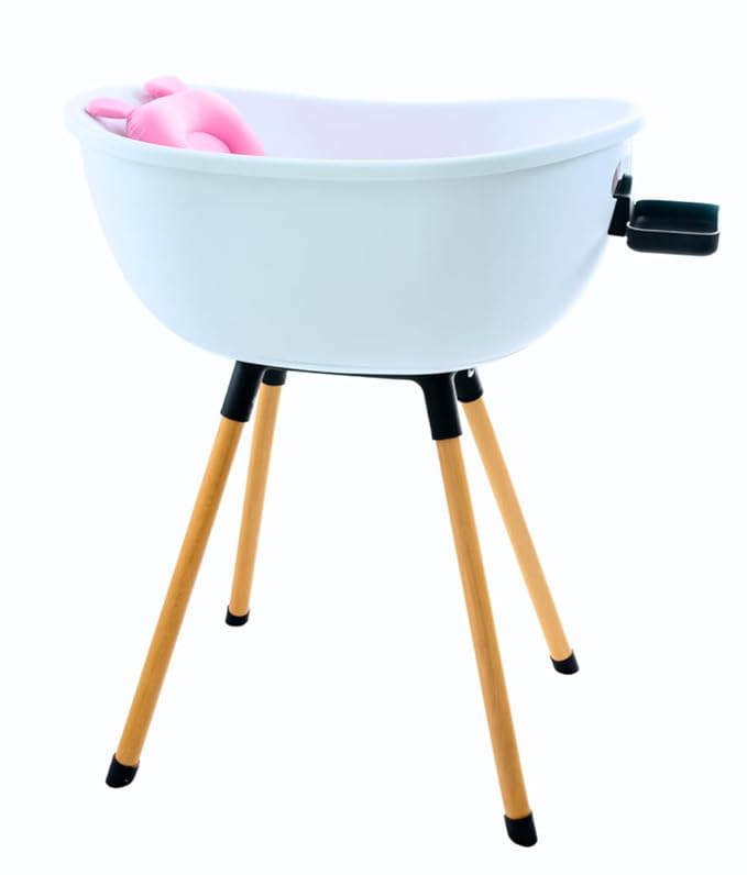 Luxury Baby Bathtub with Wooden Stand – 3-Stage Convertible, Ergonomic & Back-Saving Design (Pink Bundle)