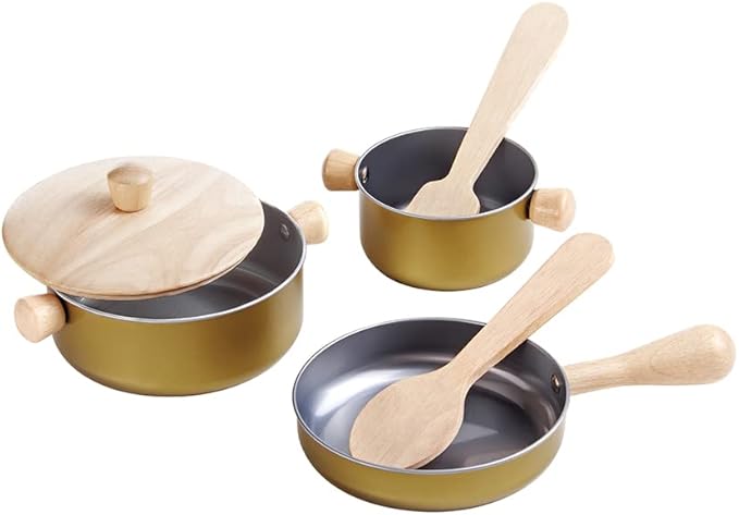 PlanToys Wooden and Metal Cooking Utensils, Pots, & Pans Kitchen Playset (3413) | Sustainably Made from Rubberwood and Non-Toxic Paints and Dyes