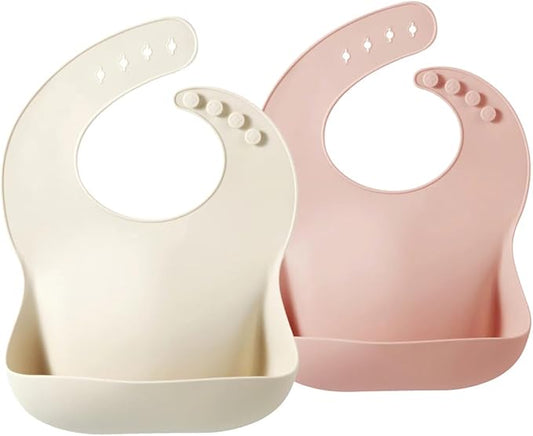 PandaEar 2 Pack Silicone Baby Bibs for Girls, Waterproof Silicone Bibs with Food Catcher, Thick Adjustable Toddler Bibs Baby Food Bibs for Eating, Soft, Non Messy (Pink Tawny)