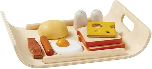 PlanToys® Wooden Play Food Breakfast Set for Kids | Pretend Cooking & Role-Play Toy with Bread, Egg, Sausage & More | Eco-Friendly Kitchen Toy for Imaginative Play & Fine Motor Skills