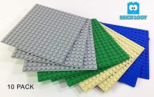 Brick Loot Classic Baseplates – 5" x 5" 10-Pack Building Plates, Compatible with Major Brands, 16x16 Variety Base Plate for Creative Play, Durable Green,Grey,Blue Construction for Kids Ages 3+
