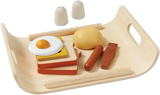 PlanToys® Wooden Play Food Breakfast Set for Kids | Pretend Cooking & Role-Play Toy with Bread, Egg, Sausage & More | Eco-Friendly Kitchen Toy for Imaginative Play & Fine Motor Skills