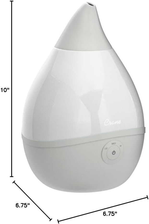 Crane Teardrop Ultrasonic Cool Mist Baby Humidifier for Nursery, Essential Oil Diffuser, Adjustable Settings, Auto Shut-Off, Grey, 0.5 Gallon
