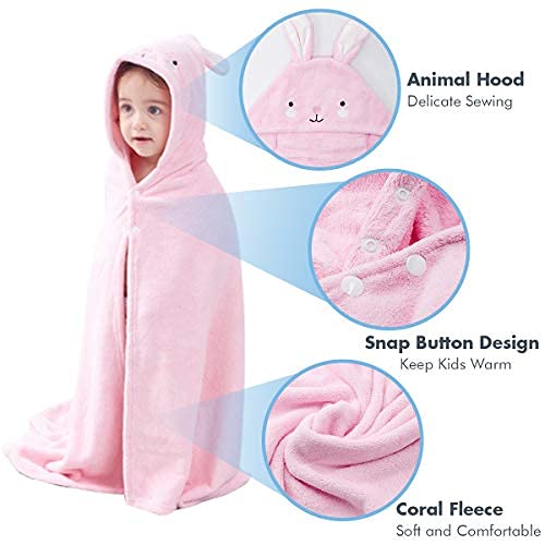 ROMASA Toddler Hooded Bath Towel Ultra Soft Towel Highly Absorbent Bathrobe Blanket for Boys Girls- 27.5" x 55"(Pink Rabbit-Shape)