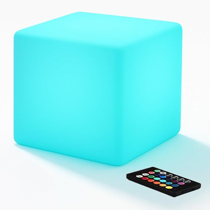 8-inch Waterproof LED Light Cube, USB Rechargeable Mood Light, 16 RGB Colors Changing Night Lights with Remote, Nursery Glow Kid Stool for Kids Room, Bedroom & Outdoor Decor
