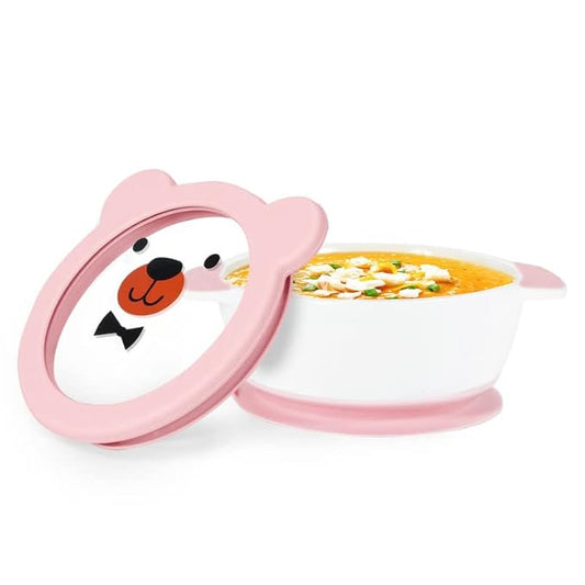 MR. CHOU Suction Baby Bowls with Leakproof Tempered Glass Lids for Babies & Toddlers, Ceramic First Stage Infant Feeding Supplies with Handles, 100% Food Grade Snack Cotainer for Kids, Pink