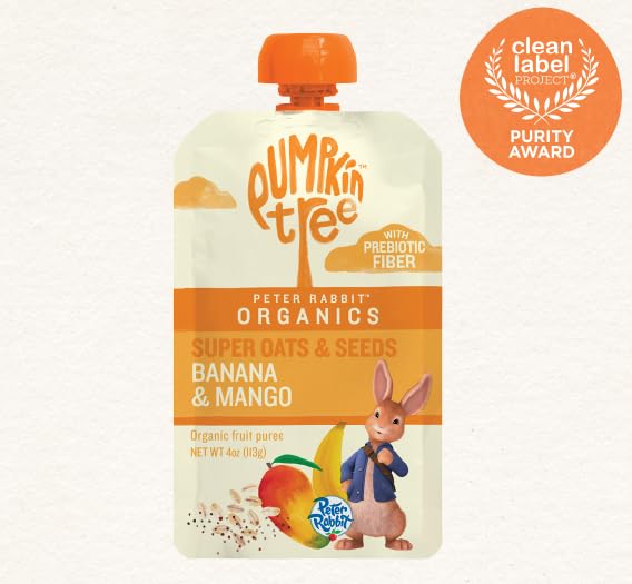 Pumpkin Tree Peter Rabbit Organics Super Oats & Seeds, Puree Squeeze Pouch, Banana & Mango, 4 Ounce (Pack of 10)