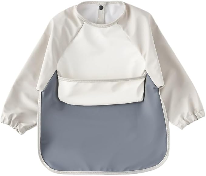 GZMM Waterproof Baby Bibs,Infant Toddler Long Sleeve Feeding Bib With Food Catcher,Wipe Clean & Washable