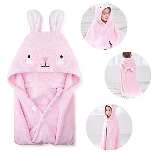 ROMASA Toddler Hooded Bath Towel Ultra Soft Towel Highly Absorbent Bathrobe Blanket for Boys Girls- 27.5" x 55"(Pink Rabbit-Shape)