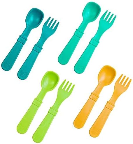 Re-Play Toddler Forks and Spoons Set - 4x4 Utensils Set for Kids - Dishwasher and Microwave Safe - Made in USA - Set of 8-5.8" x 1.2" x 0.2" - Aqua Asst