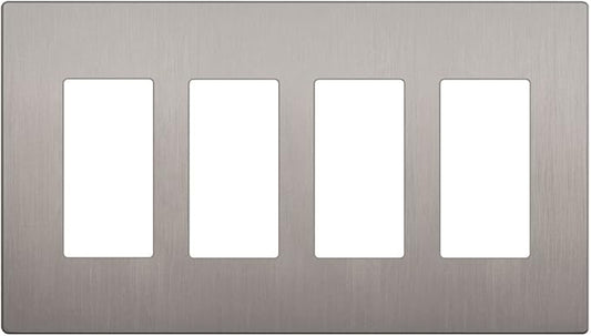 LIDER Brushed Finish Decorator Switch Cover, Screwless Wall Plate, Mid-Size 4-Gang 4.88" x 8.58", Unbreakable Polycarbonate Thermoplastic, UL Listed, LSWP-34M-BNK, Brushed Nickel