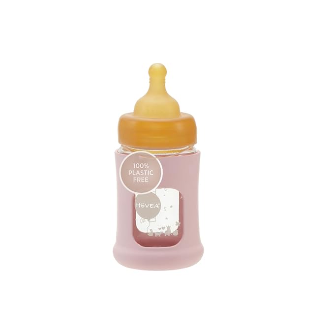 HEVEA Plastic-Free Wide Neck Glass Baby Bottle with Powder Pink Sleeve - Slow Flow Anti Colic Baby Bottles Newborn 0+ Months - BPA-Free, Single-Pack (5 Oz)