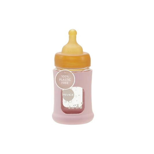 HEVEA Plastic-Free Wide Neck Glass Baby Bottle with Powder Pink Sleeve - Slow Flow Anti Colic Baby Bottles Newborn 0+ Months - BPA-Free, Single-Pack (5 Oz)
