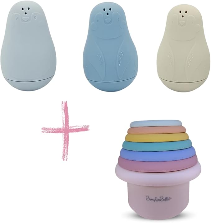 Silicone Bath Toys, Dishwasher-Safe Baby Toys, Toddler Toys, Montessori Stackable Cups, Cleanable Bath Toys for Baby and Toddler, Baby Bath Essentials, Tub Toys, 4-Pack, Blue