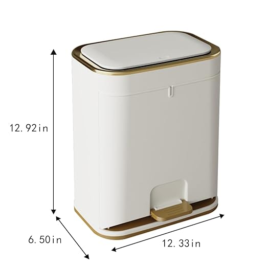 Bathroom Trash Can with Lid, Plastic 3 Gallon Garbage can with Press top Lid Gold Step Pedal Trash can, Narrow White Trash bin for Bathroom, Bedroom, Restroom, Living Room, Office, Dog Proof Trash Can