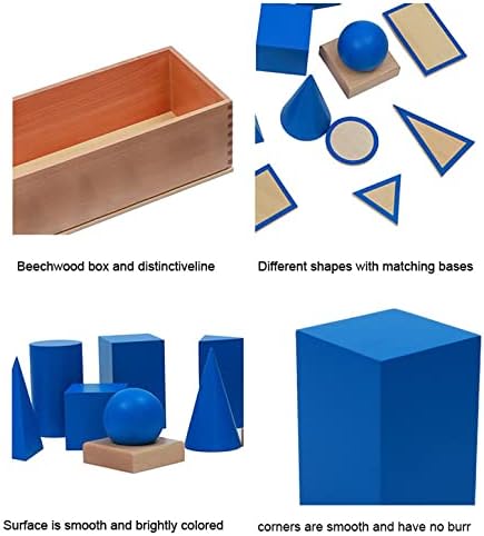 Montessori Toys for 3+ Year Old Blue Geometric Solids Blocks Set 3D Wooden Geometric Shapes Math Games Sensory Toys Blocks for Toddlers Preschool Learning Materials