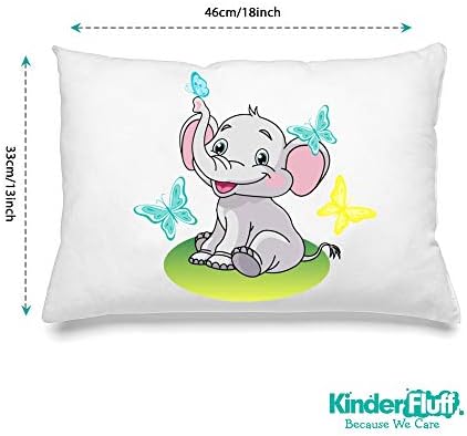 kinder Fluff Child Pillow with Pillowcase- 300T Cotton Shell & Down Alternative Fill - Ideal for Travel, Bedding Set & Floor Cushions (13x18in - White Pillow with Pillowcase Elephant Design)