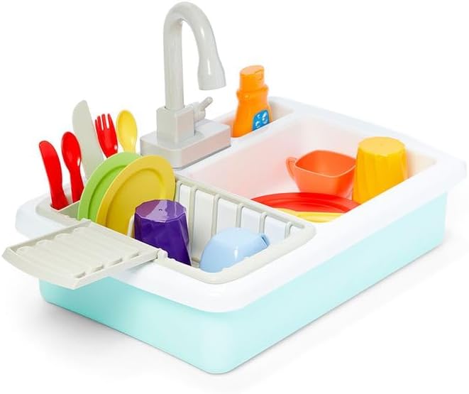 Small World Toys Play Sink with Running Water, Kids Play Kitchen Sink Toys for Kids Age 3+, Automatic Faucets with Realistic Dishes, Toddler Sink Pretend Play Set Gifts for Girls and Boys