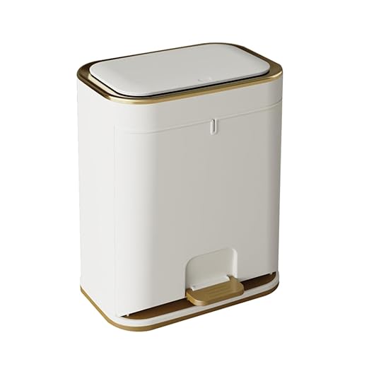 Bathroom Trash Can with Lid, Plastic 3 Gallon Garbage can with Press top Lid Gold Step Pedal Trash can, Narrow White Trash bin for Bathroom, Bedroom, Restroom, Living Room, Office, Dog Proof Trash Can