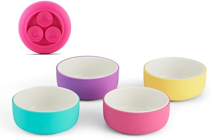 Elk and Friends Kids Porcelain Bowls with Silicone Suction Sleeve | Kids/Toddler/Baby Feeding | Microwave & Dishwasher Safe | Non slip | Cereal/Soup/Snack Dishes & Dinnerware