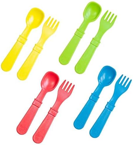 RE-PLAY Made in USA 8pk Toddler Feeding Utensils Spoon and Fork Set | Eco Friendly Recycled Milk Jugs - Virtually Indestructible | Red, Yellow, Lime Green, Sky Blue (Preschool)